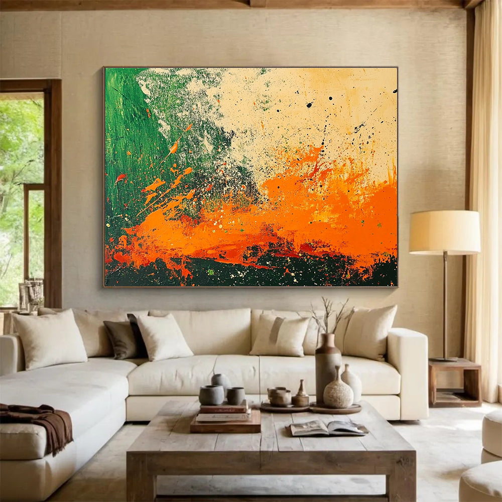 Energetic Splatter Abstract Painting with Green and Orange DYP223