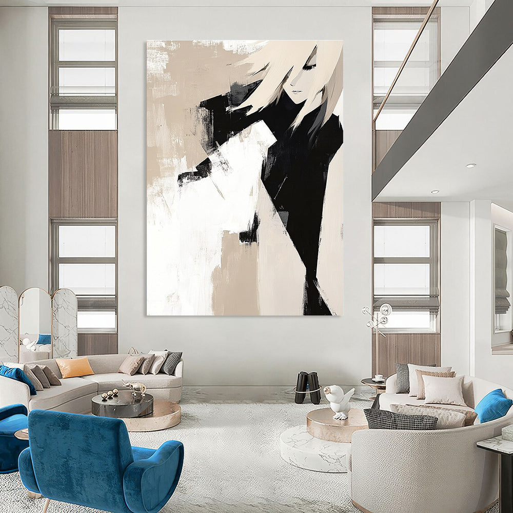 Large abstract painting featuring beige and black blocks on white background with textured layers and strong lines embodying minimalist elegance.STSC408