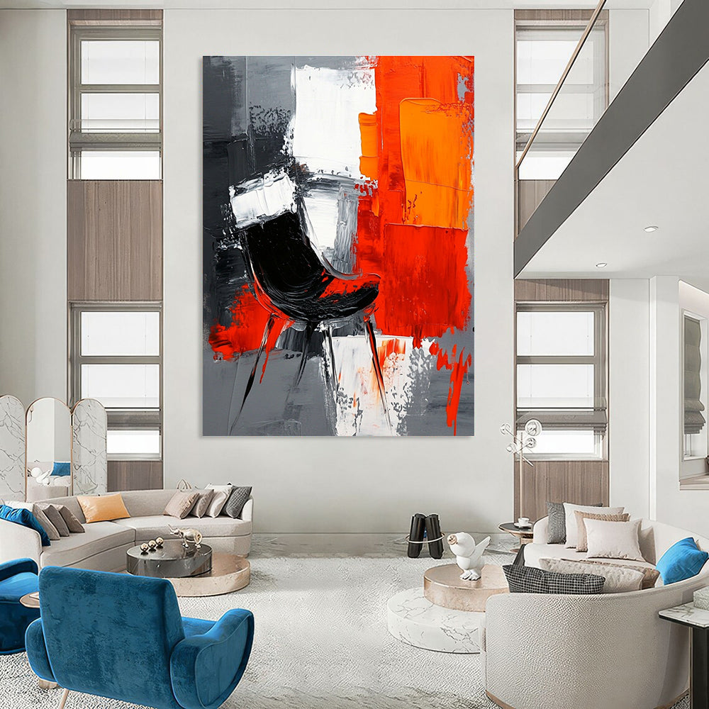 Large abstract painting with gray background featuring white and orange shapes and a contrasting black chair created with oil paint on textured paper.STSC226