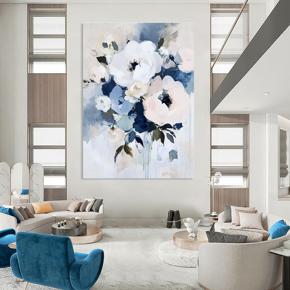Large abstract floral painting in soft shades of white blue pink and green evokes tranquility and romance with an elegant bouquet composition.STSC054