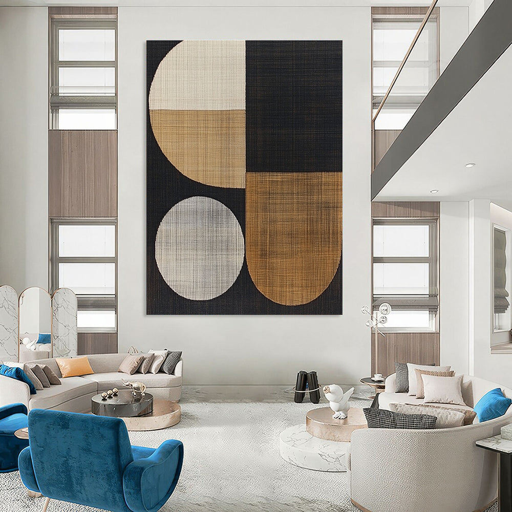 Large abstract artwork featuring abstract shapes, wood grain texture, and a sophisticated black color scheme for a modern aesthetic.STSC933