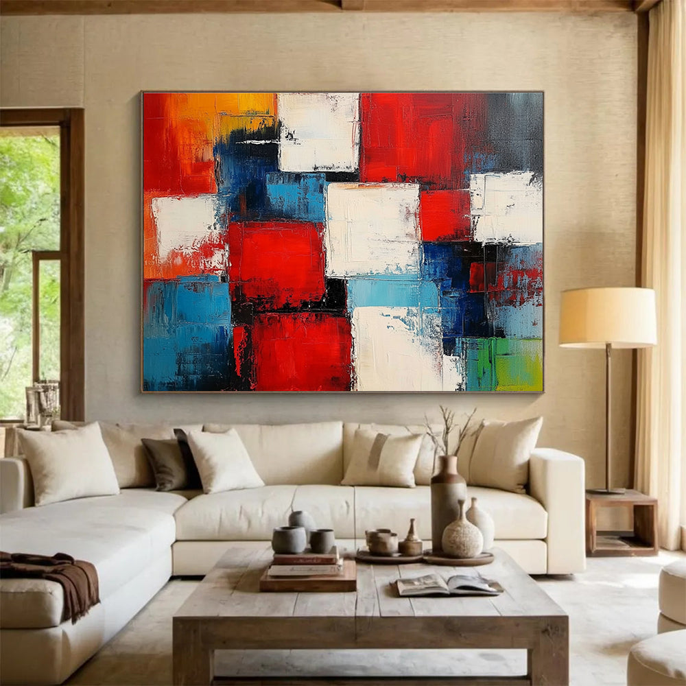 Colorful Square Abstract Painting with Red Blue and White DYP505