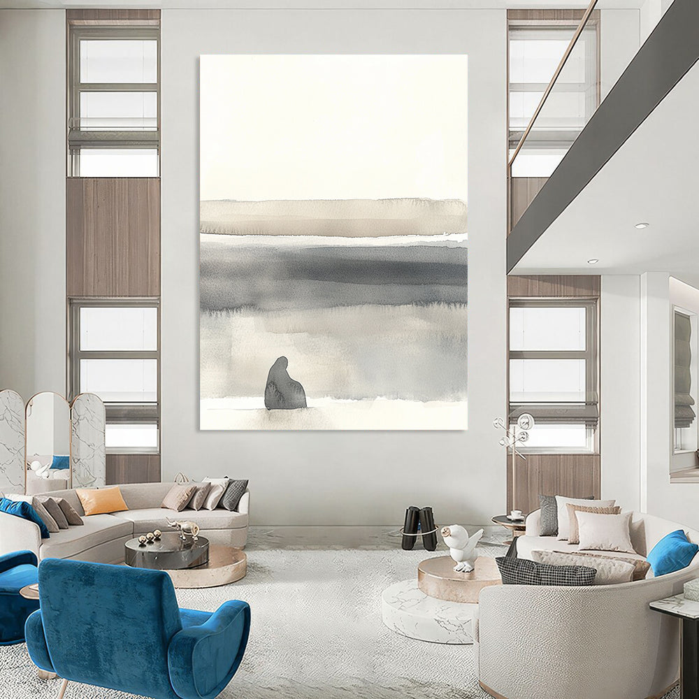 Large abstract painting in soft whites and grays featuring minimalistic landscape with organic shapes and muted tones for a serene atmosphere.STSC1465