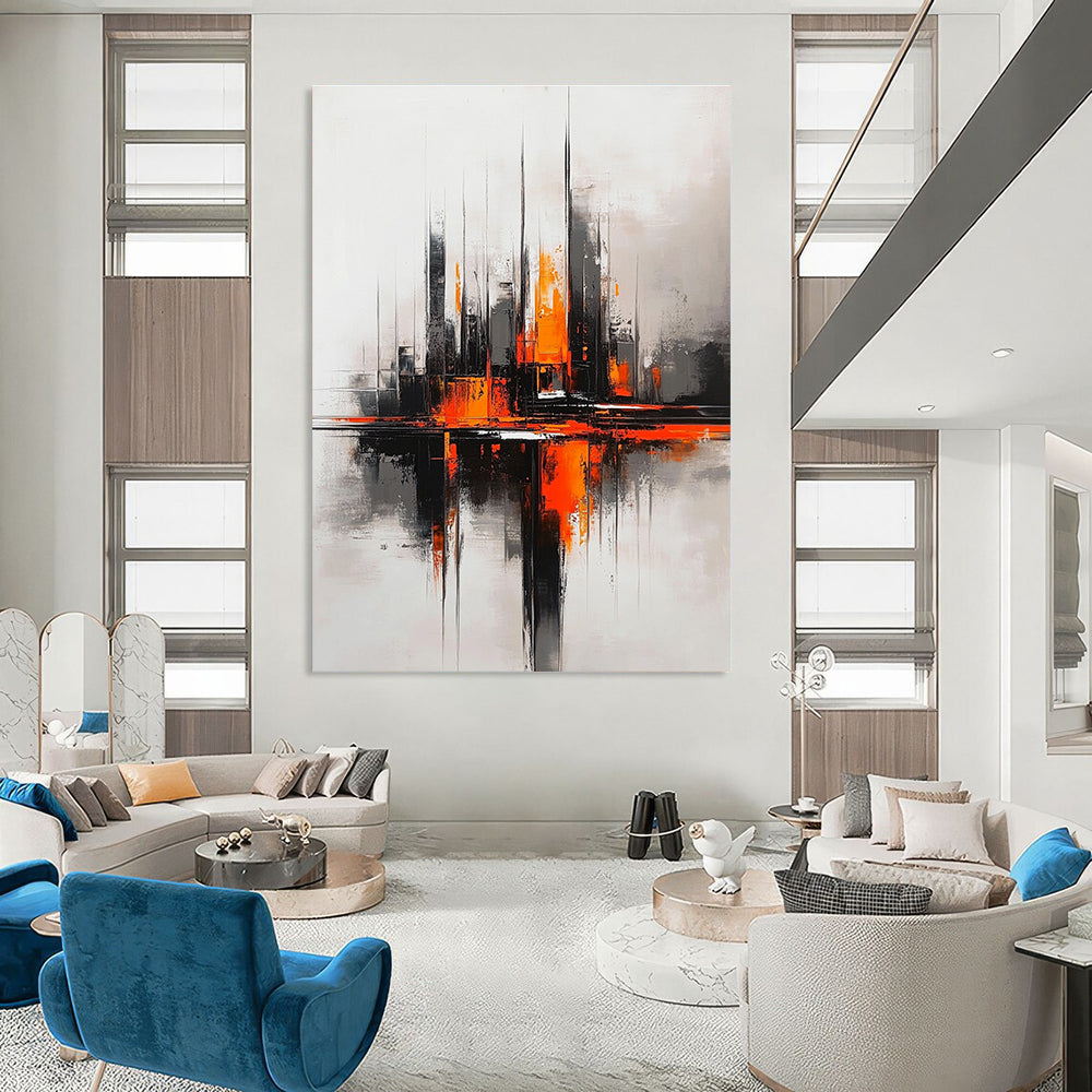 Abstract painting of a futuristic cityscape in grey and orange tones inspired by Richard Anderson's style.STSC285