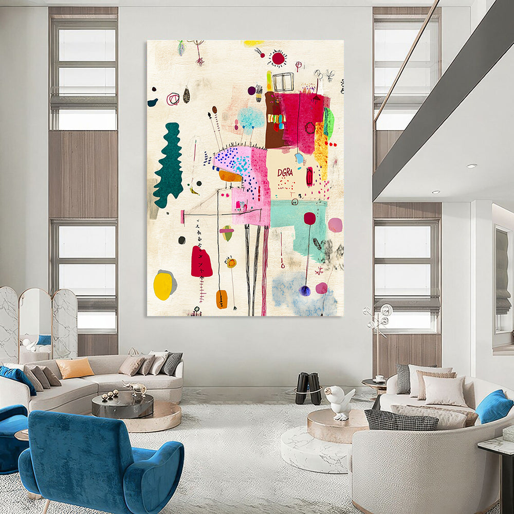 A Large Abstract Art Piece Featuring Sewing Elements Textured Paper Soft Colors Scribbled Lines and the Text DGRA.STSC934