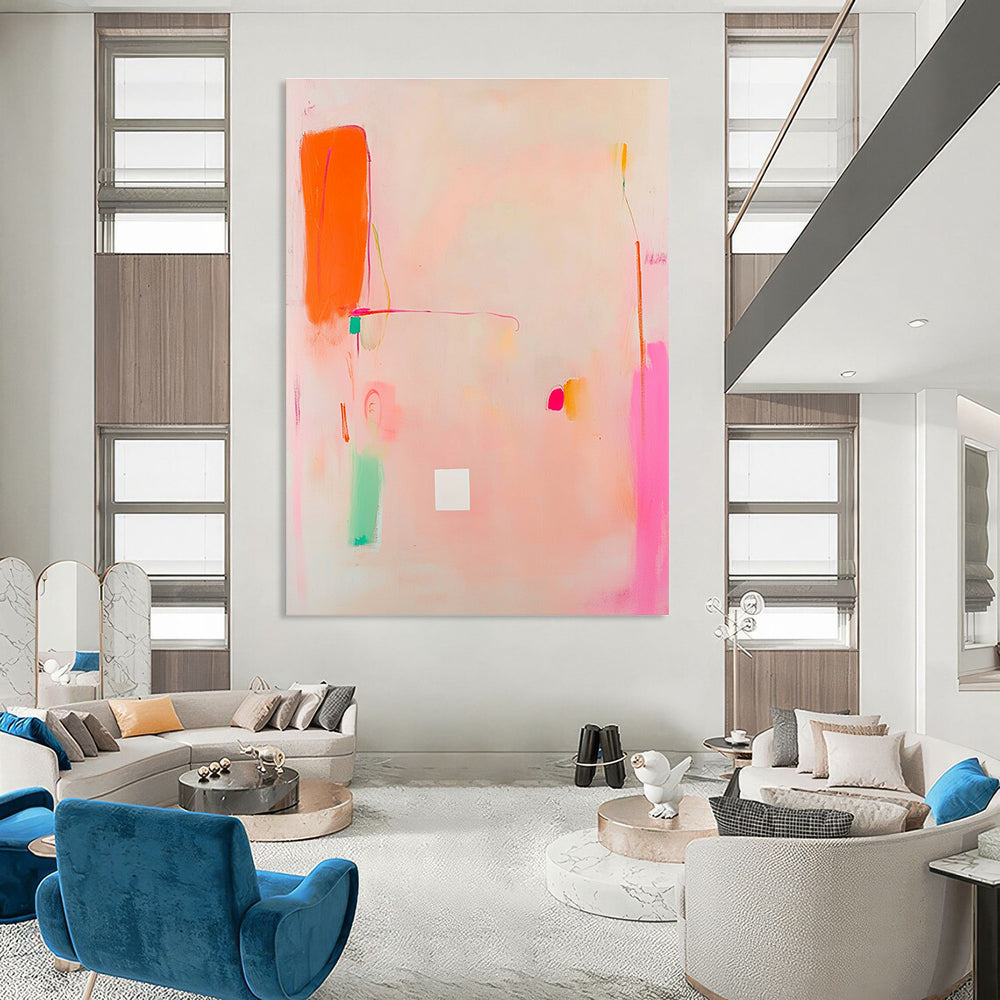 Abstract painting featuring light pink and orange tones with a central white square and soft doodle-like shapes in the corner.STSC770