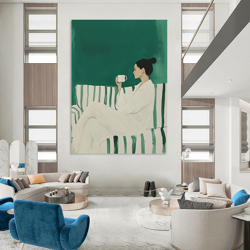 Large abstract painting featuring a woman in a white robe on a striped sofa holding a coffee mug against a green background.STSC1494