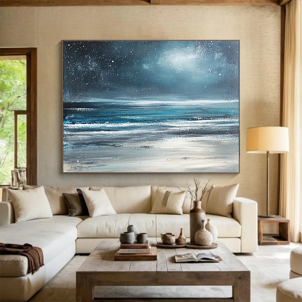 Starry Sea Beach Abstract Painting with Dark Blue and Silver Tones DYP570