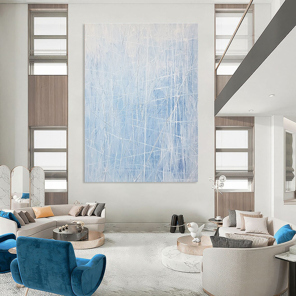 Large abstract painting featuring light blue and white lines resembling an icy landscape with vertical lines and scattered ice formations.STSC317