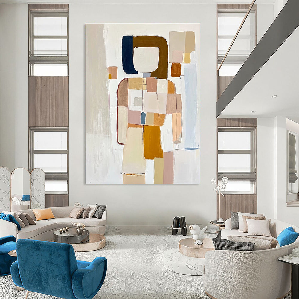Large abstract painting featuring textured geometric shapes in pastel beige pink and blue on a soft white background creating a sense of movement and depth.STSC241
