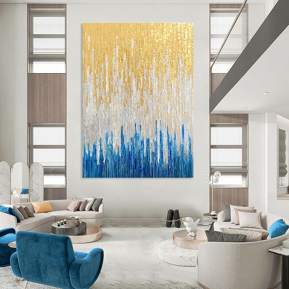 Large abstract oil painting featuring golden blue and white vertical lines against a textured neutral background.STSC163