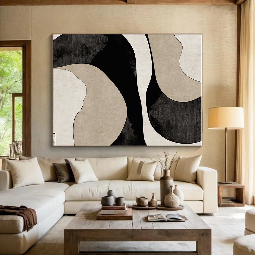Black and Beige Curved Abstract Painting with Flowing Lines GER064
