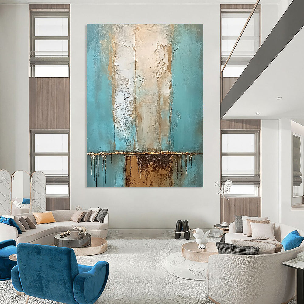 Large abstract oil painting with muted teal and beige hues accented by gold featuring a textured surface and a rusted metal element.STSC602