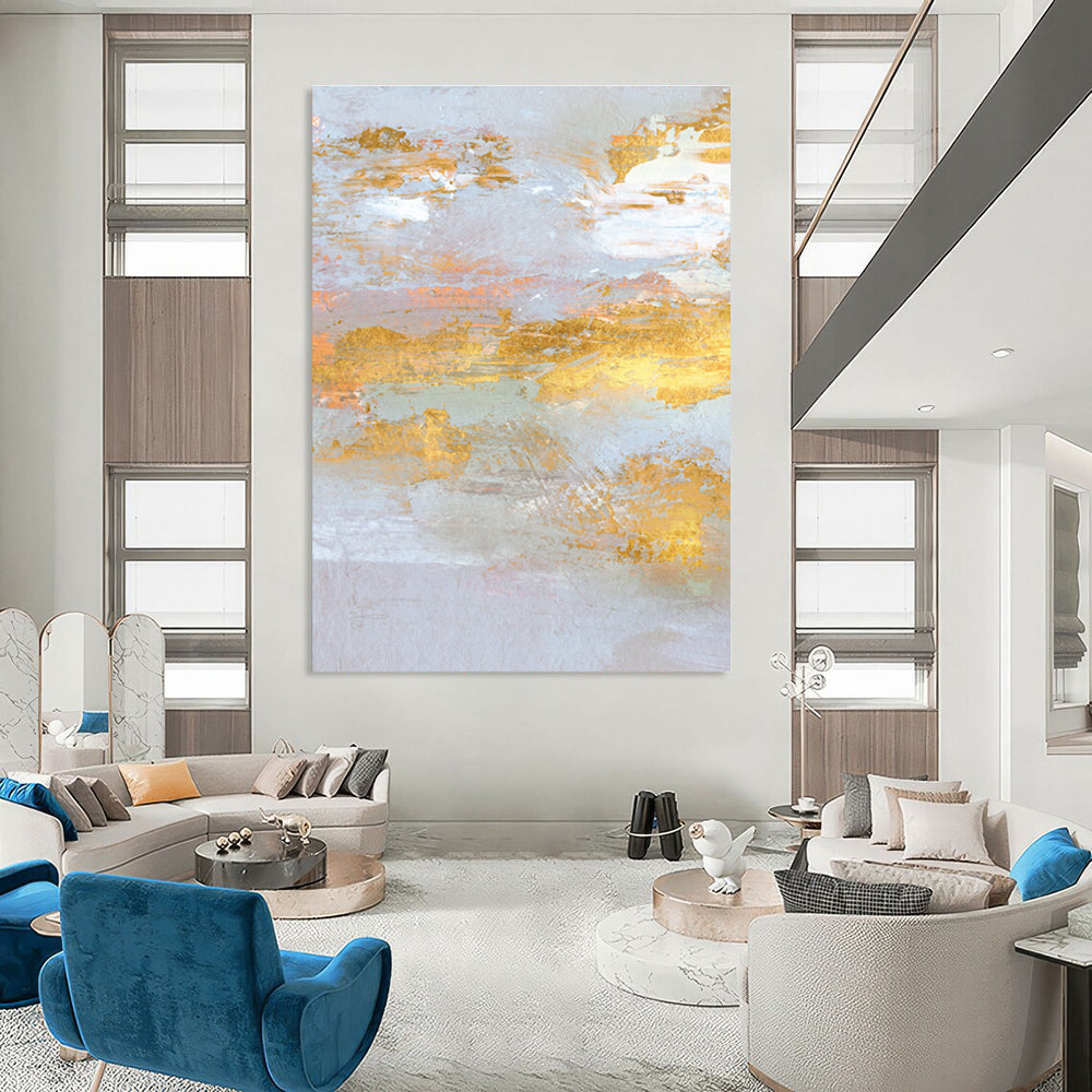 Gold and Pastel Abstract with Light Blue Background Painting ADGE159