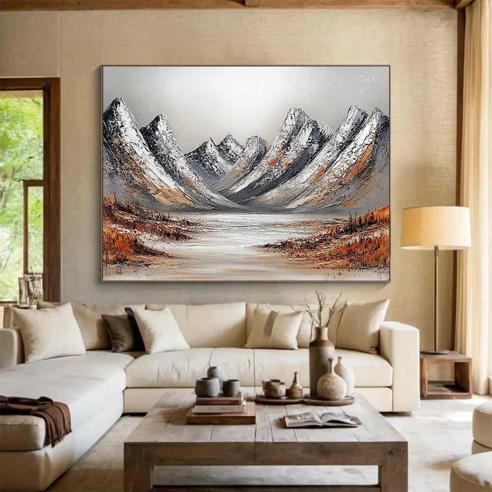 Snowy Mountain Range Textured Abstract Painting with White and Brown Tones DYP608