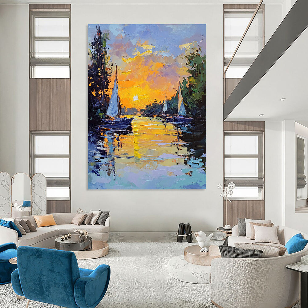 Large abstract painting featuring sailing boats at sunset with vibrant yellow and blue tones and thick brush strokes creating an impressionistic scene.STSC1419