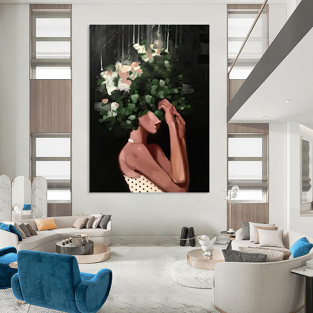 Floral Head Woman Abstract Painting with Green and White Flowers ADGE323