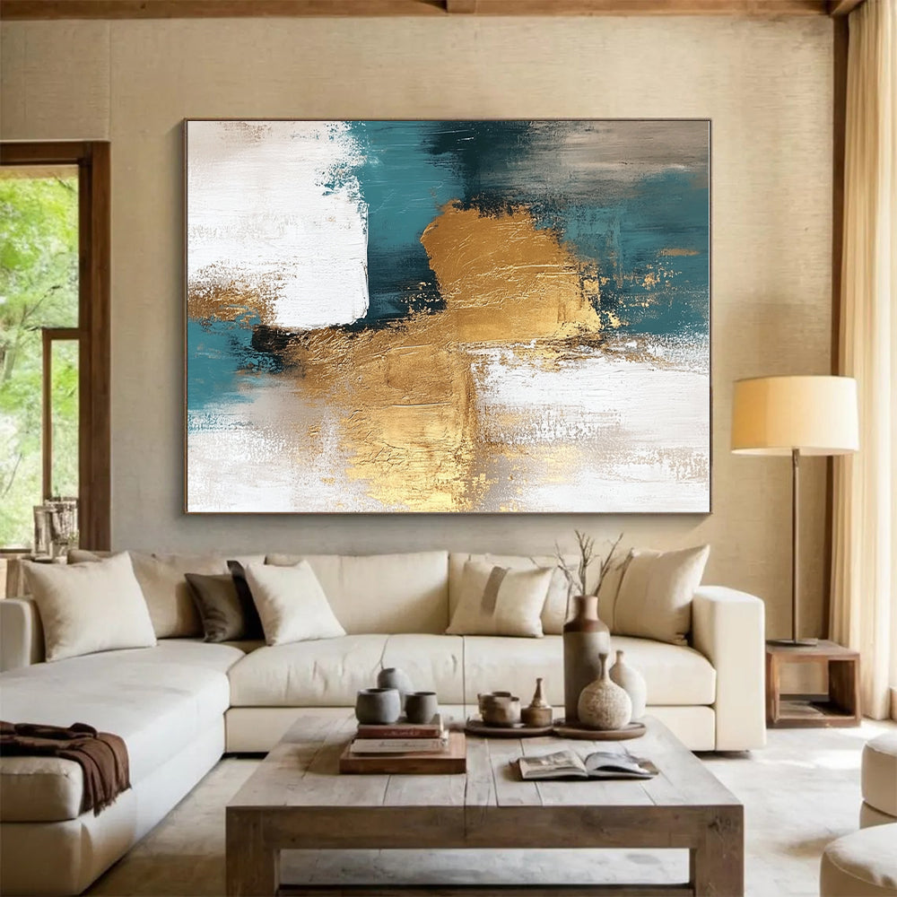 Teal Gold and White Abstract Painting with Artistic Textures GER677