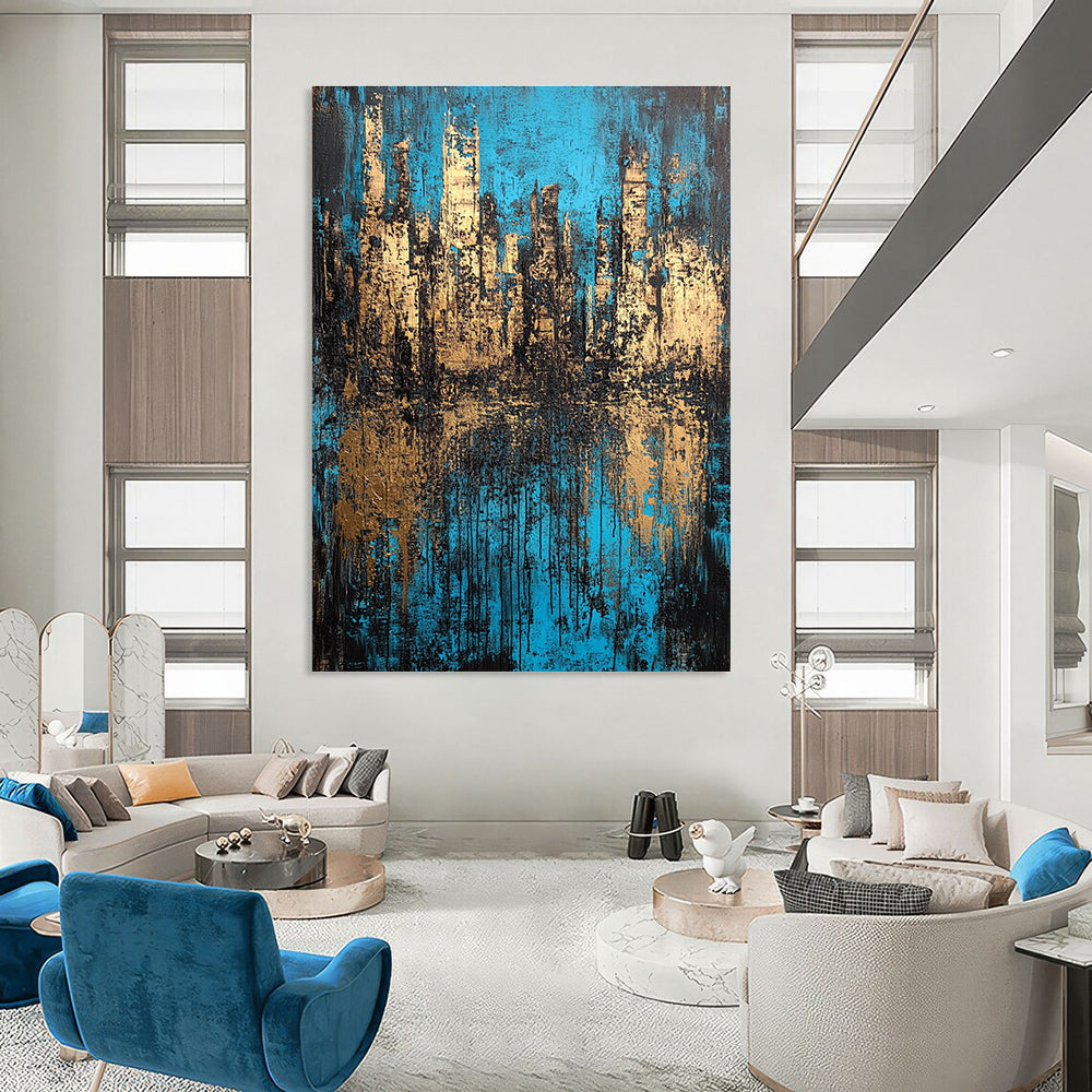 Large abstract painting of an underwater city in deep blue and brown tones with a richly textured canvas.STSC152