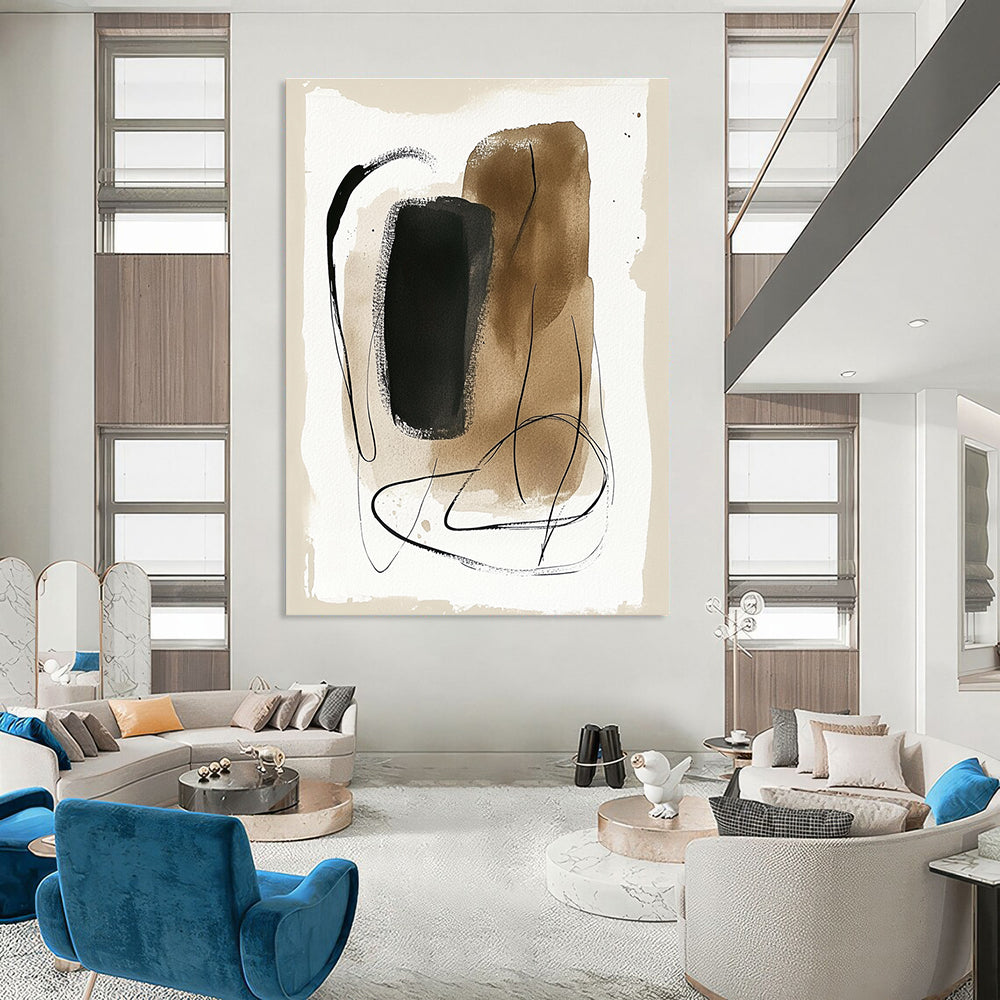 Abstract painting featuring minimalist wavy shapes and lines with black brush strokes and pastel colors on a beige background.STSC1463