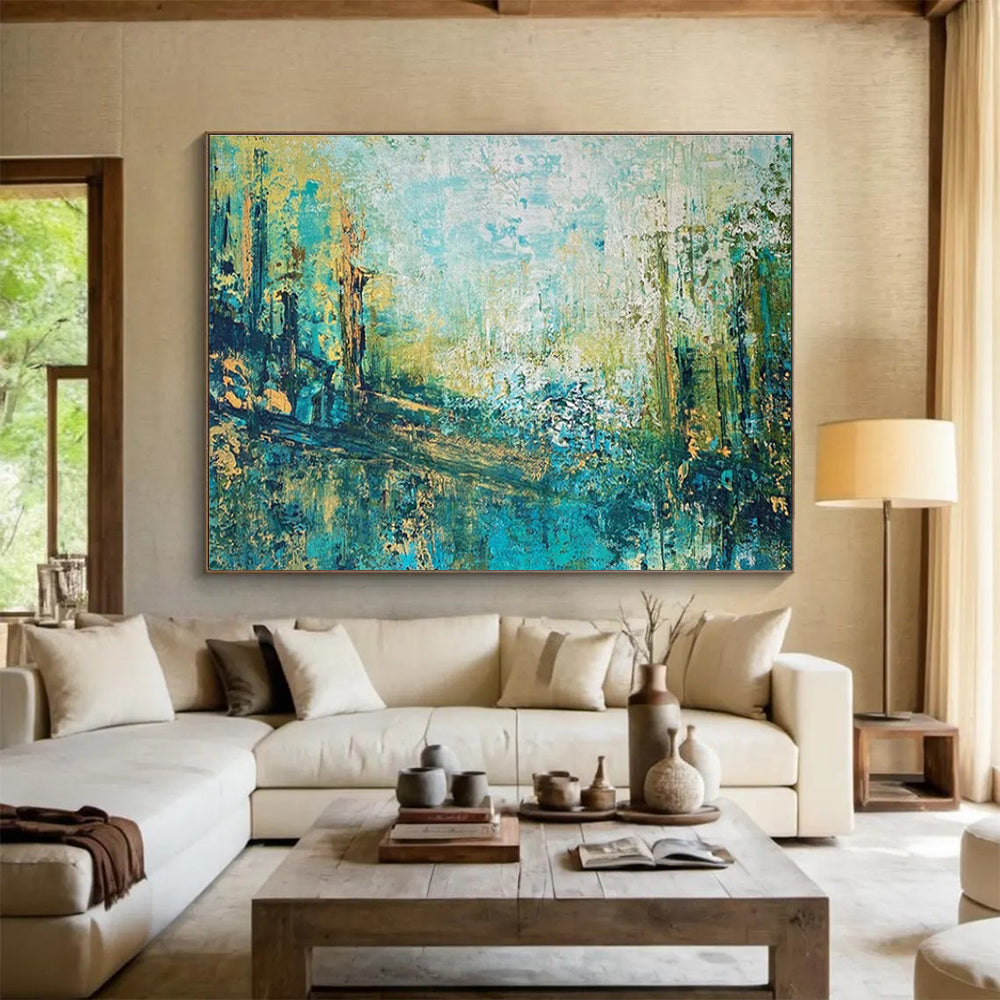 Teal Gold Abstract Painting with Forest Path Themes THY357