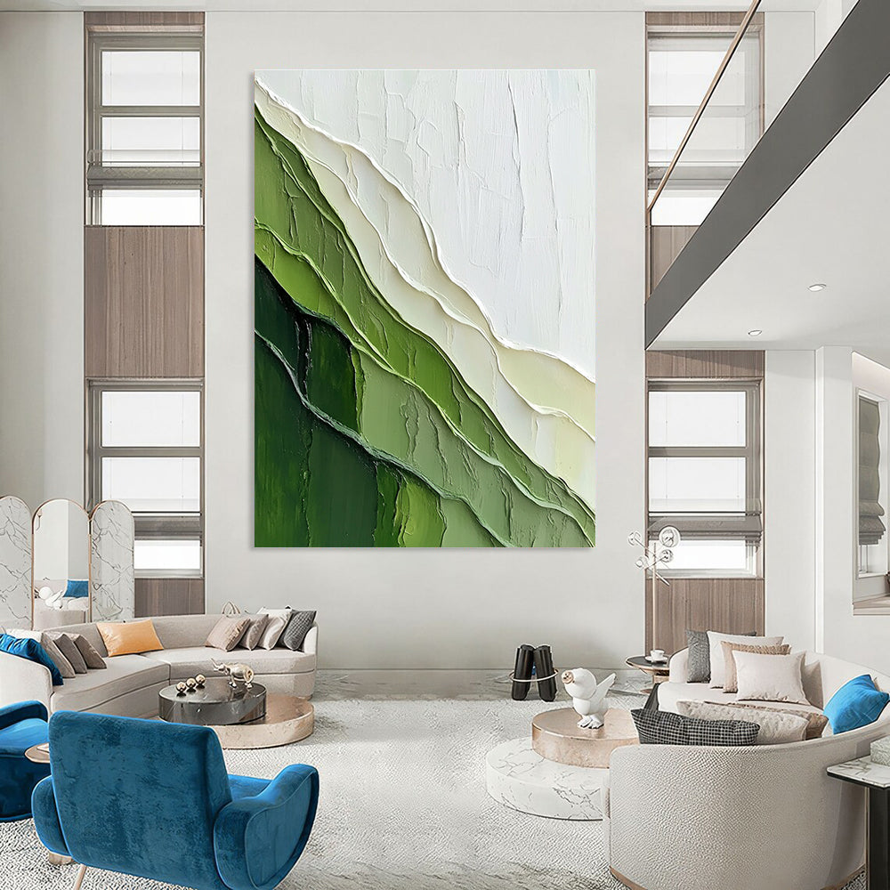 Large abstract painting featuring a textured green mountain against a pale yellow-green background with a sense of depth and layered contours.STSC1120