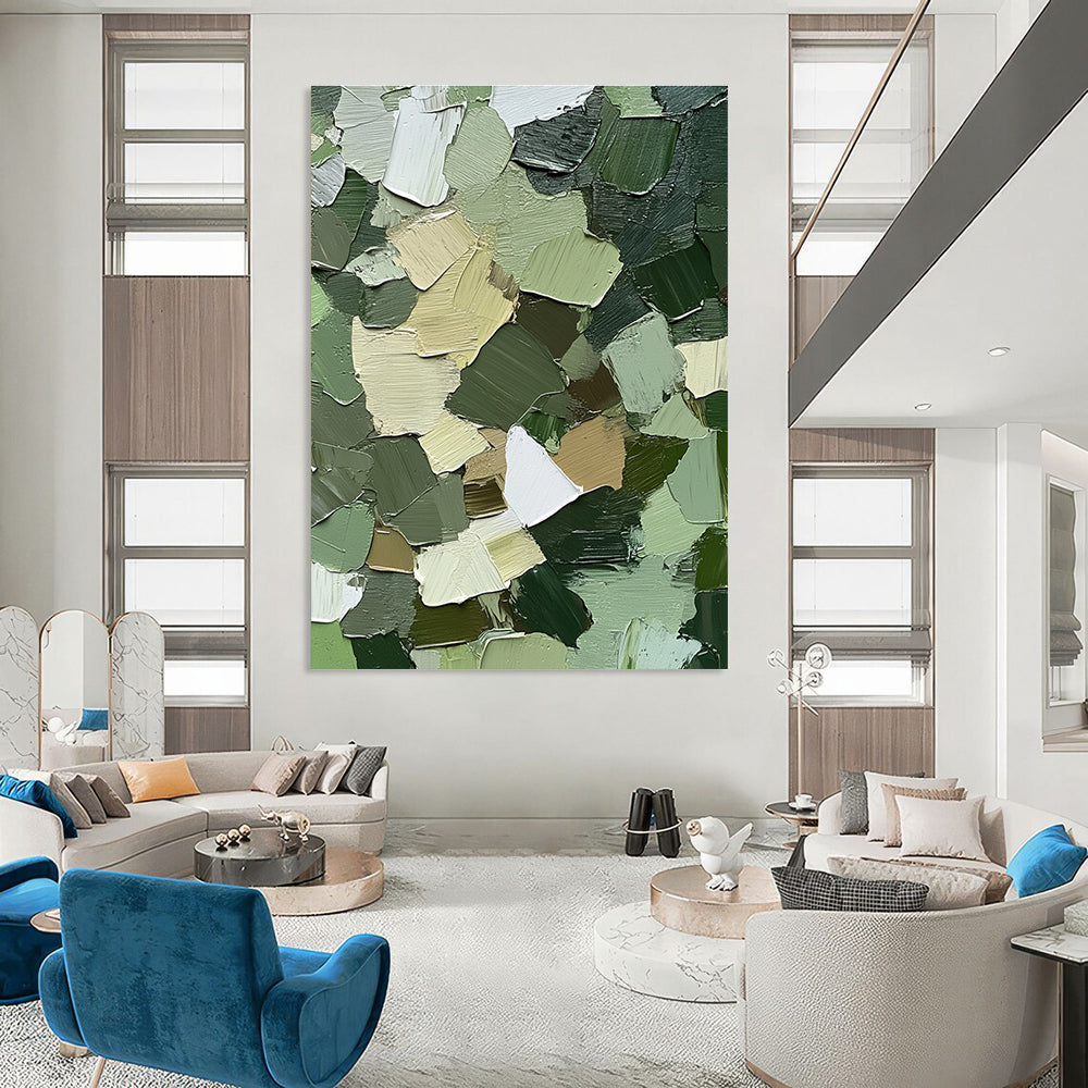 Large abstract painting showcasing intricate urban camouflage patterns in greens browns and whites with textured impasto brush strokes for depth and realism.STSC831