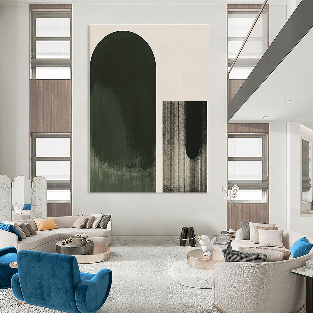 A large abstract green oval contrasts elegantly against a light gray background with a simple black geometric outline in front.STSC1031