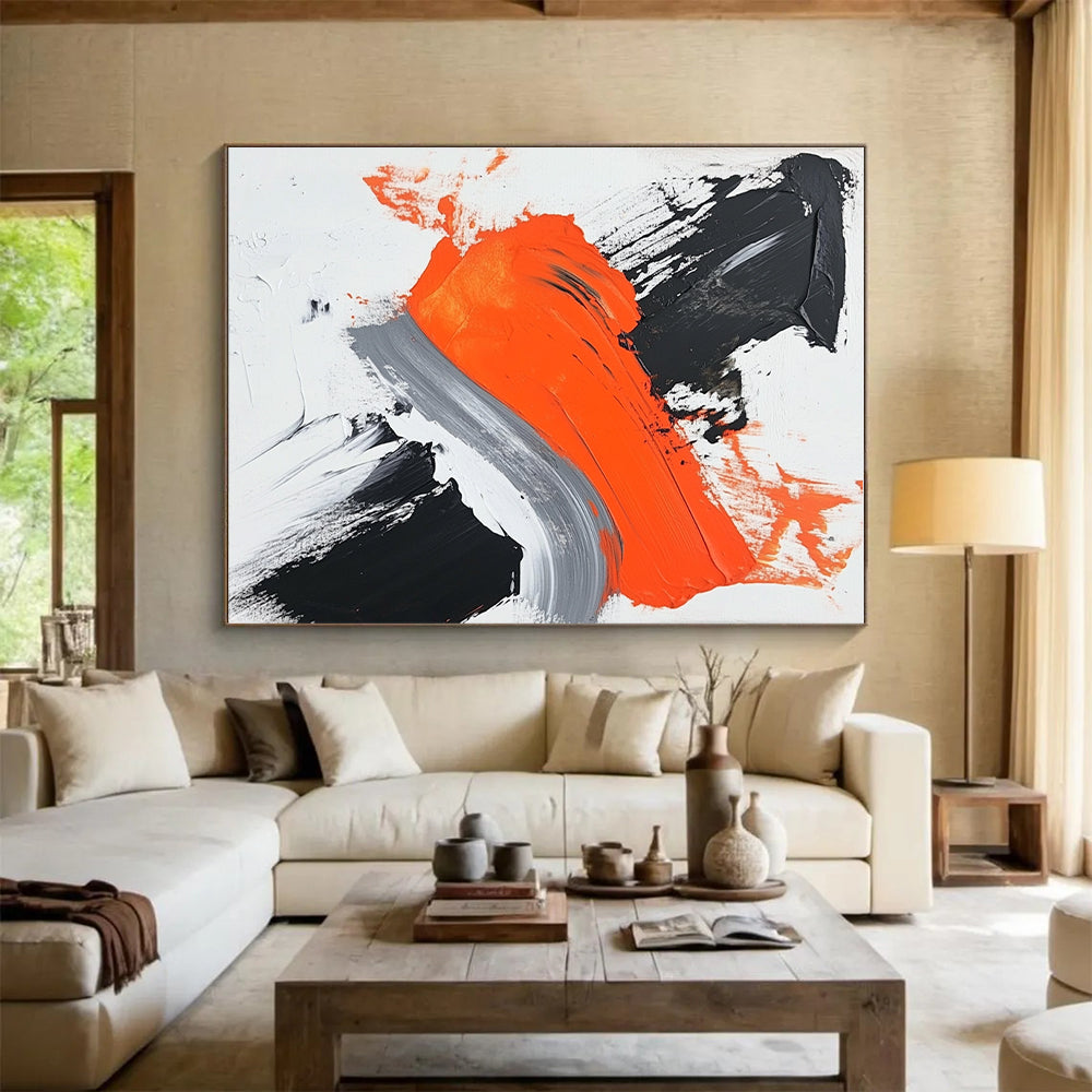 Black Orange Gray Abstract Painting with Dynamic Brushstrokes GER494