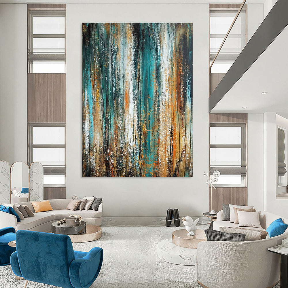 Large abstract oil painting featuring vertical textures in green and blue with brown and orange accents in a vintage style.STSC205