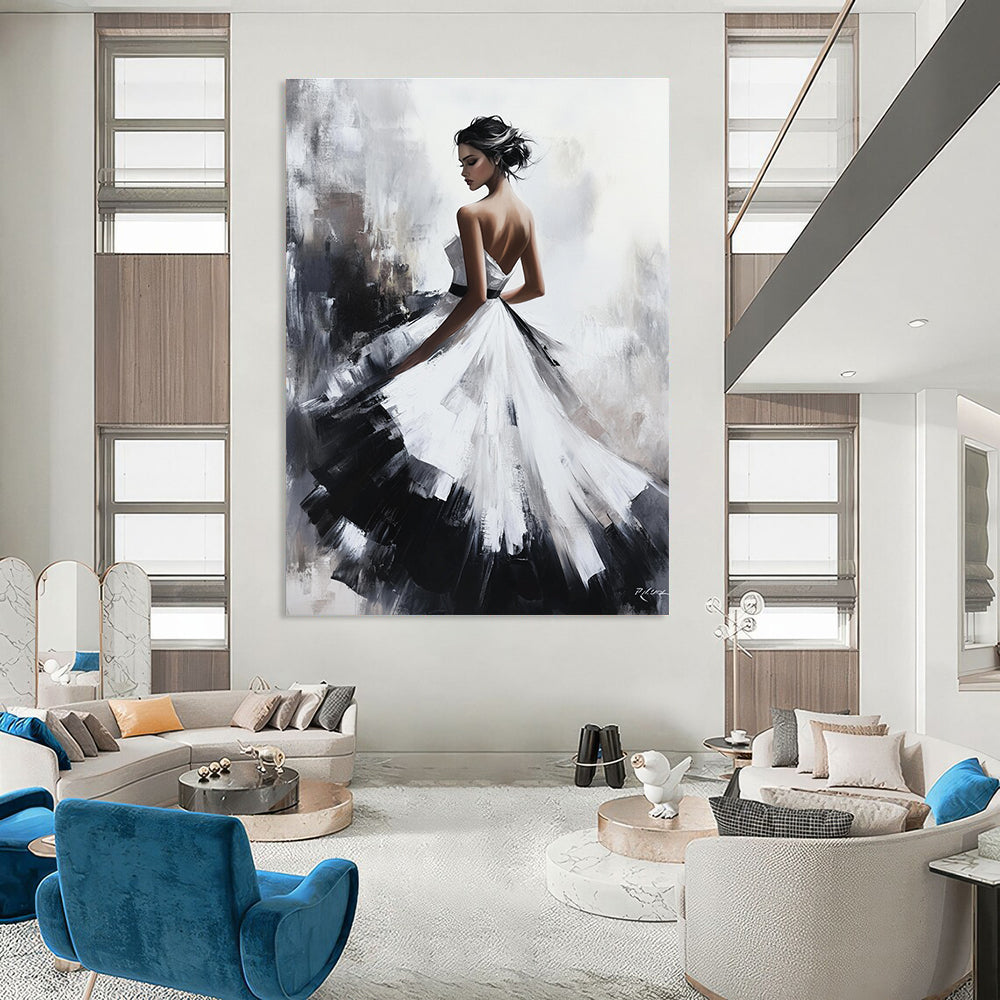 Large abstract oil painting of a beautiful woman in a white dress with a black skirt featuring exquisite details and soft lighting on a textured canvas.STSC1363