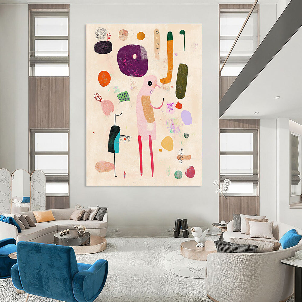 Large abstract artwork featuring hand-drawn shapes and playful lines on a beige background with pink and green accents.STSC1287