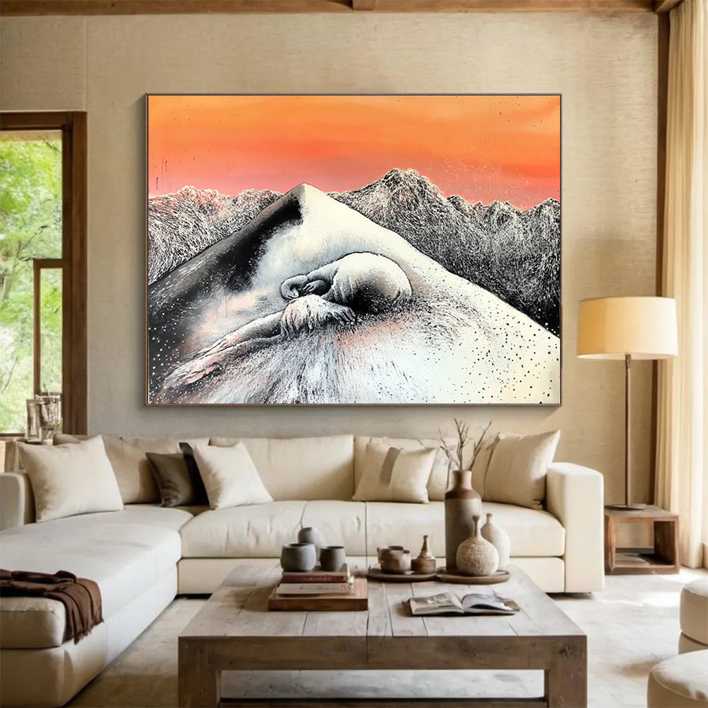 An abstract painting featuring a black and white figure on an icy mountain at sunset with another frozen figure in front.SC569