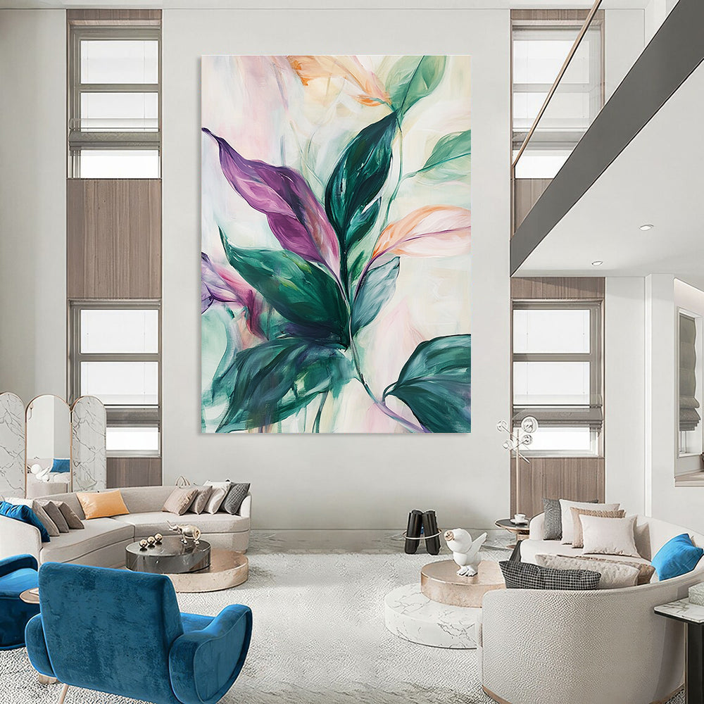 Large abstract painting of lush leaves in green pink purple and white with soft lines suggesting movement against a pale background evoking tranquility.STSC1048