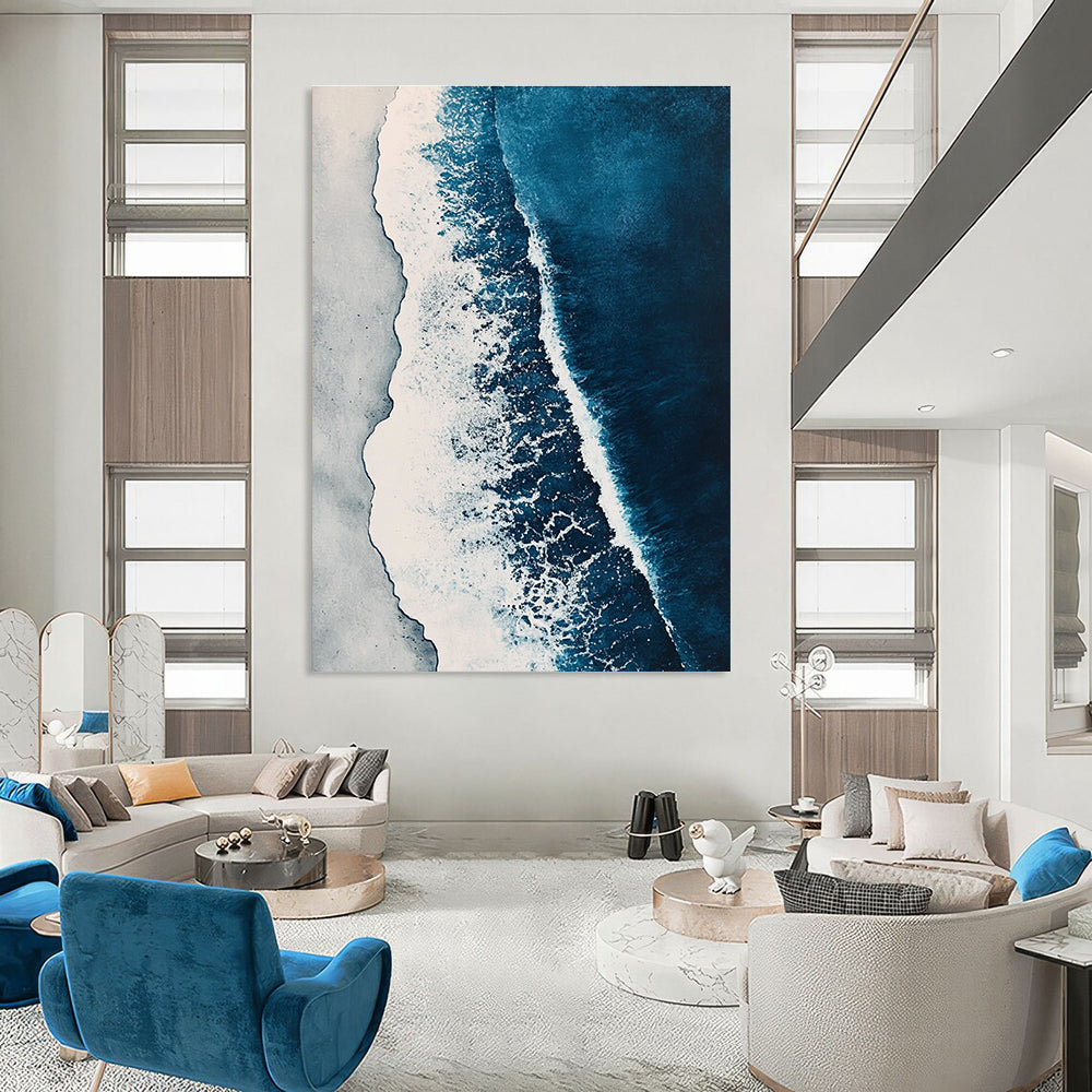 Abstract painting featuring ocean waves in shades of blue and white with elegant brushstrokes and a watercolor aesthetic in high-resolution detail.STSC531