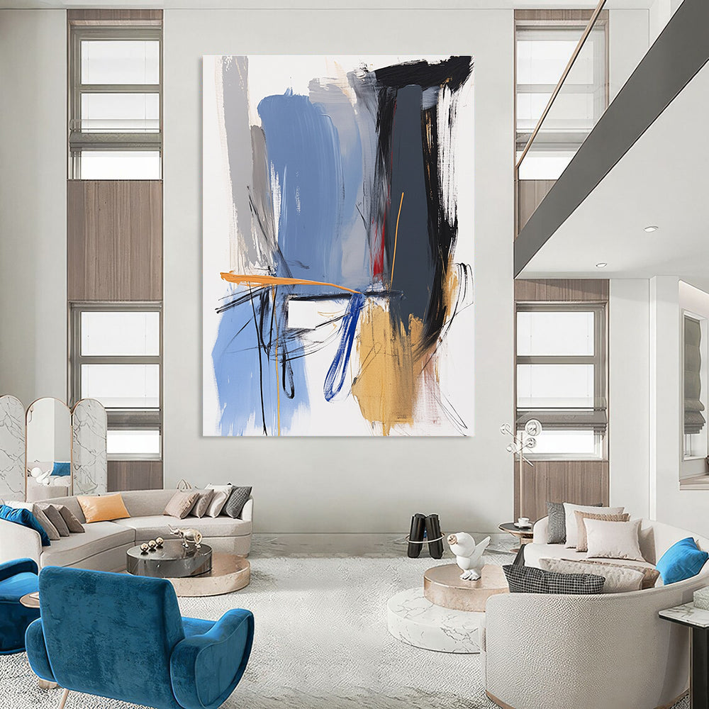 Abstract painting featuring blue grey and gold hues with a white square and expressive forms in impasto style.STSC743