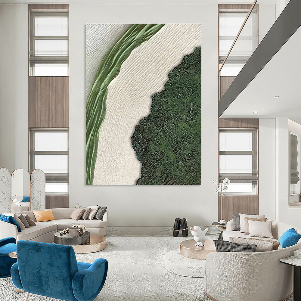 Green and White Textured Abstract Painting with Natural Shapes ADGE316