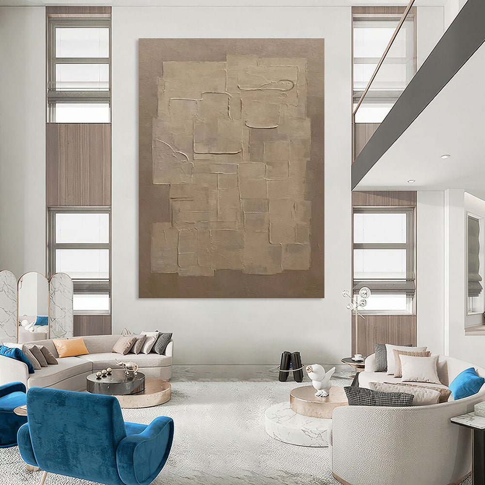 Beige Geometric Abstract Painting with Textured Squares ADGE490