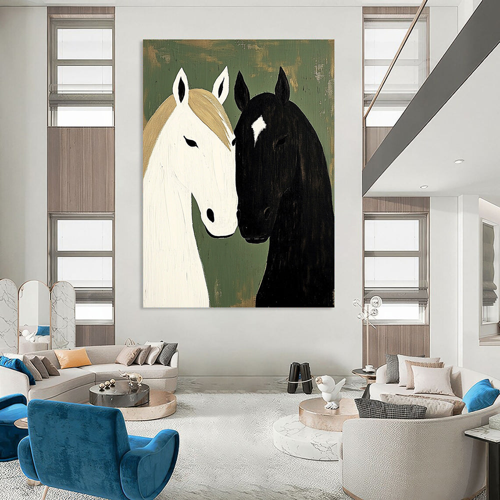 A large abstract painting featuring two horses in neutral tones against a green vintage farmhouse backdrop with a textured finish.STSC1453