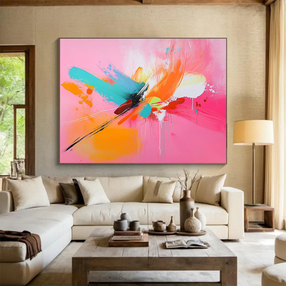 Vibrant Pink Abstract Painting with Bold Color Splashes DYP381