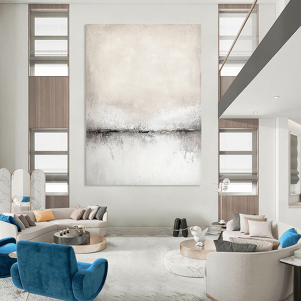 Abstract painting in white and grey tones with a soft textured canvas featuring a neutral color palette in a modern art style.STSC128