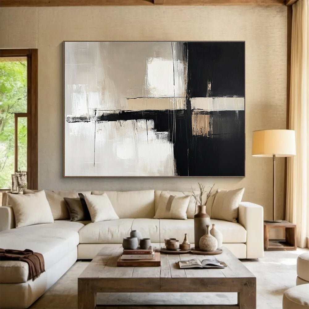 Monochrome Geometry Abstract Painting with Contrasting Blocks DYP388