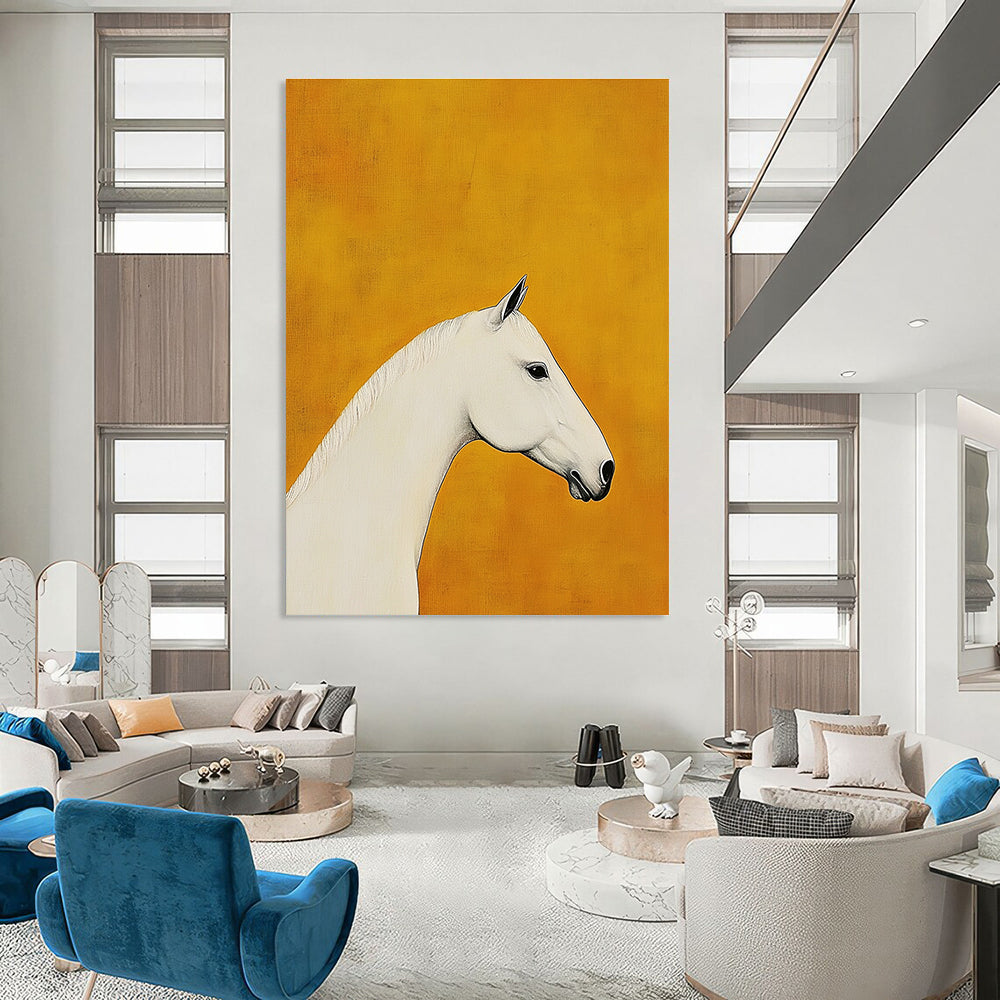 A large abstract painting featuring a white horse's head and neck profile on a mustard yellow background with soft lighting highlighting its silhouette.STSC1090