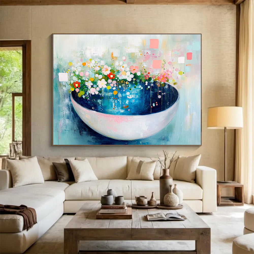 Floral Bowl Abstract Painting with Colorful Flowers DYP494