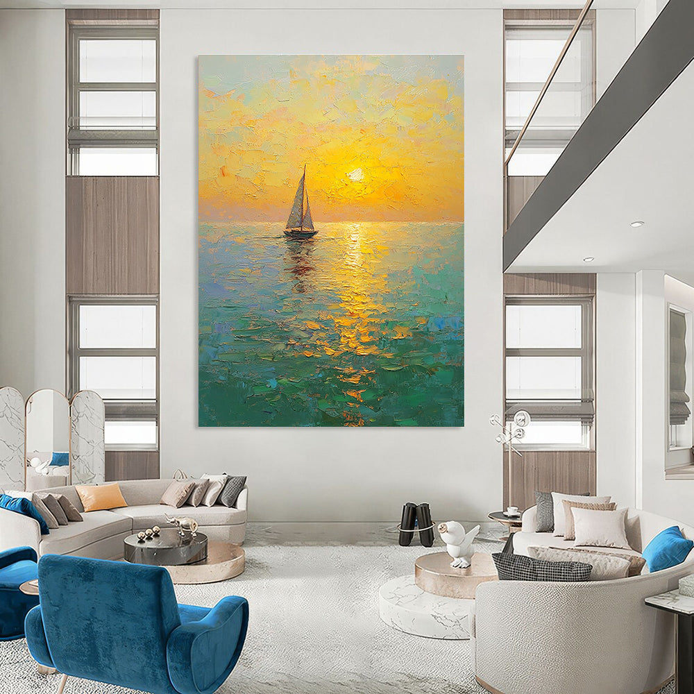 Large Abstract Painting of a golden sunset over the sea with sailboat textured brush strokes and a tranquil atmosphere of yellow-green and light blue.STSC1296