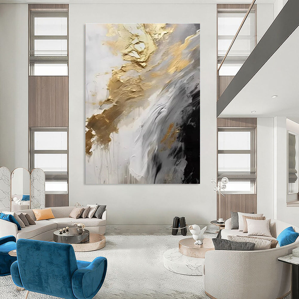 Gold Gray and White Abstract Painting with Flowing Textures ADGE302