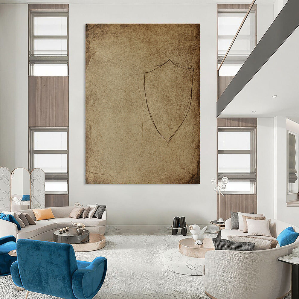 Large abstract drawing of an ancient shield silhouette on aged paper with rough edges and dusty marks resembling early human civilization cave art.STSC987