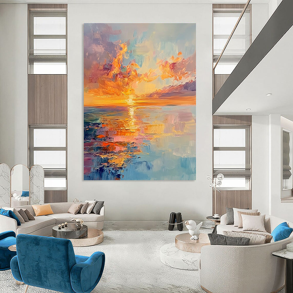 Large abstract painting capturing vibrant sunset colors with reflections on the sea and a distant horizon in an expressive style.STSC893