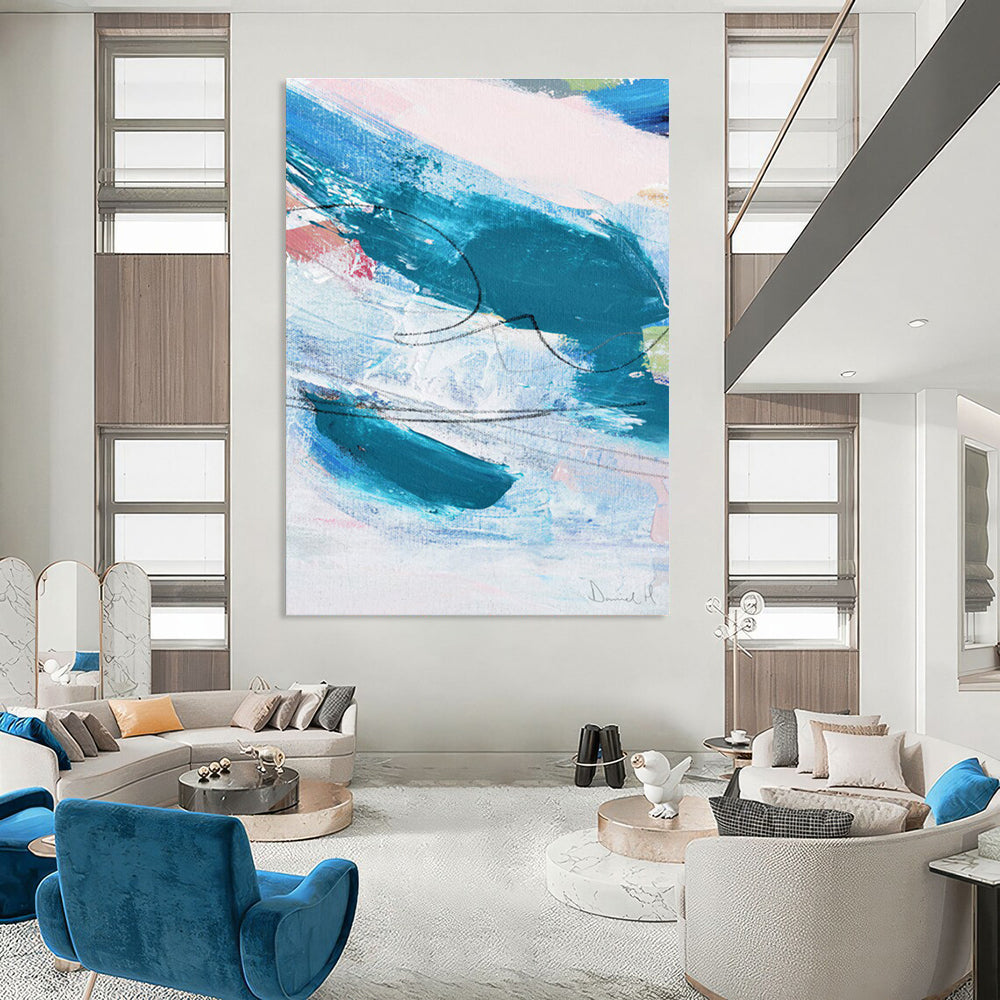 Dynamic Color Swirls in Teal and Pink Abstract Painting ADGE151