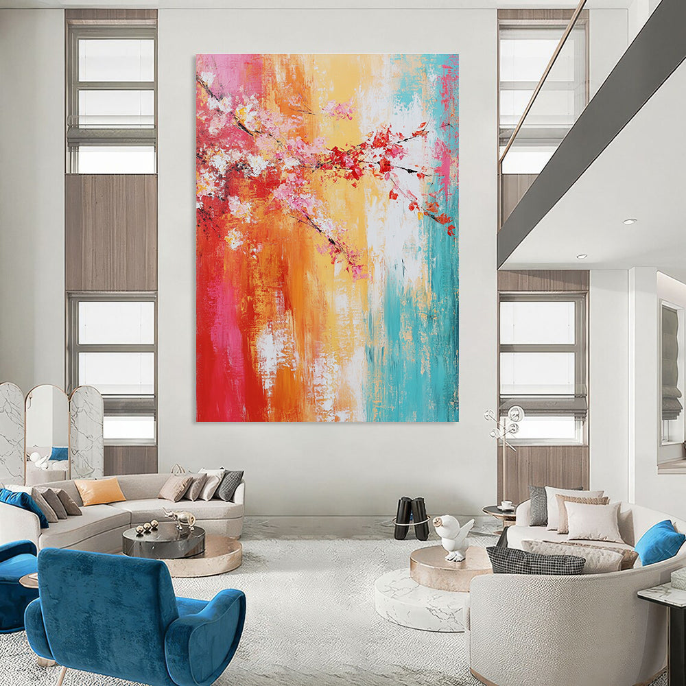 Large abstract painting on textured canvas showcasing vibrant warm colors and soft brush strokes for emotional expressionism.STSC373